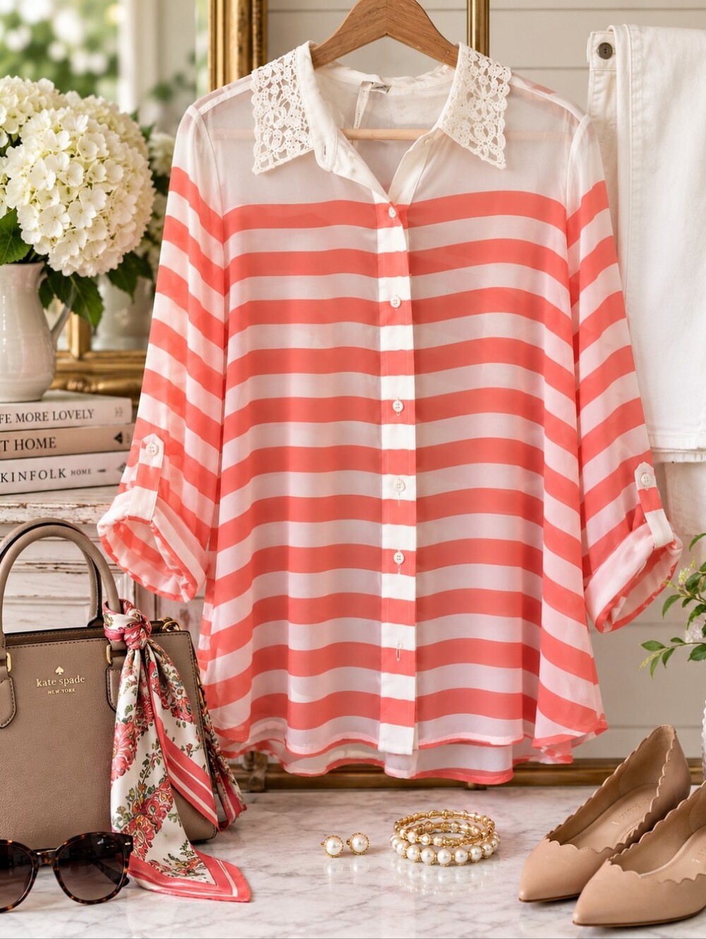 LC Lauren Conrad XL Coral White Stripe Sheer Lace Collar Blouse